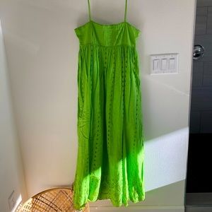 Zara eyelet lime green maxi boho pleated cotton like openwork embroidered
